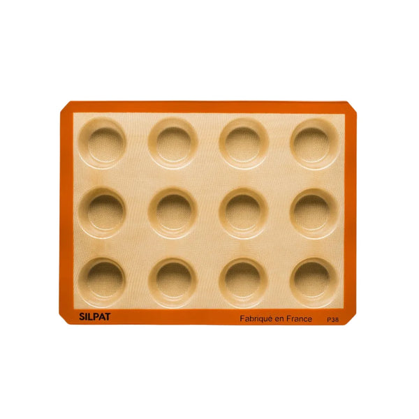 Close-up of nonstick silicone muffin mold with 12 cavities